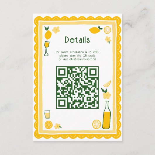 Limoncello Lemonade Aangepaste QR Bruidsdiner Informatiekaartje (Voorkant)