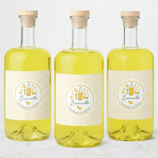 Limoncello Lemonade Lemon Gingham Handgemaakt CUST Likeurfles Etiket