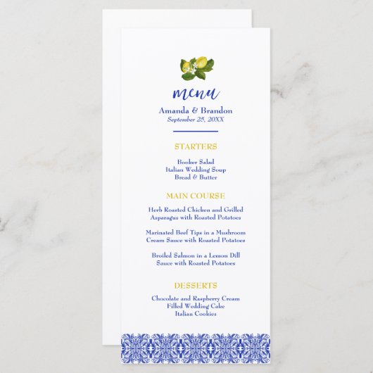 Limone I Italien Citron & Carrelage Bleu Menu Mari (Devant / Derrière)