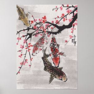 Lin Li's Art Chinese Waterverf KOI Plum Blossom Poster