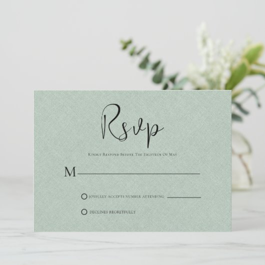 Lin vert clair Simple Script noir carte RSVP (Debout devant)