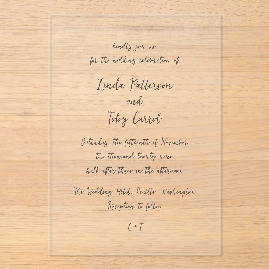 Linda eenvoudige moderne bruiloft acryl uitnodigingen (Voorkant)