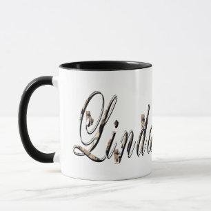 Linda, naam, Logo, zwarte combo koffie Mok. Mok