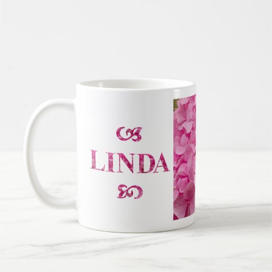 "Linda" Naam, Schattigee Roze Hydrangea Bloemen Le Koffiemok (Links)