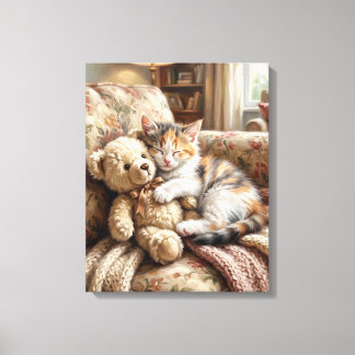 Lindo Gatito Durmiendo con Oso de Peluche Canvas Afdruk