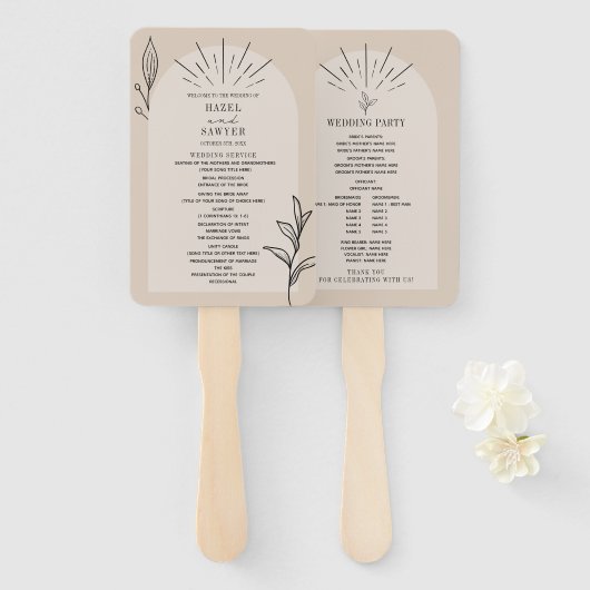 Line Art Arch Tan Botanical Wedding Program Handwaaier (Voorkant en achterkant)