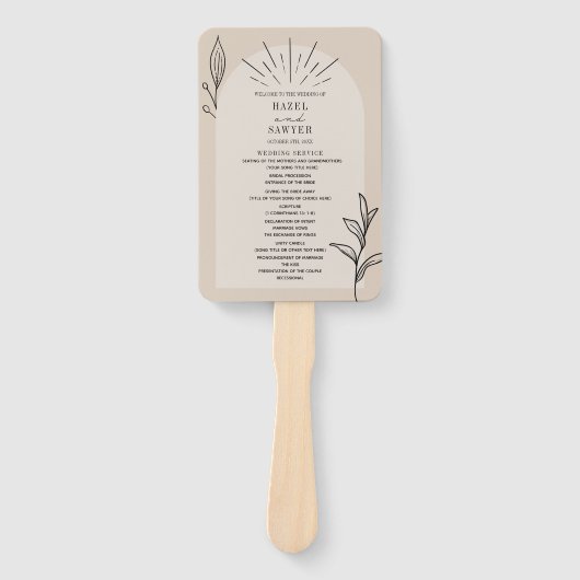 Line Art Arch Tan Botanical Wedding Program Handwaaier (Voorkant)