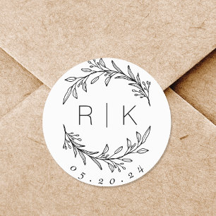 Line Art Botanische Krans Trouwmonogram Ronde Sticker