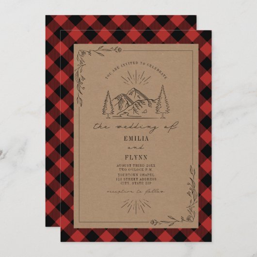 Line Art Buffalo Plaid Mountain Faire-part de mari (Devant / Derrière)