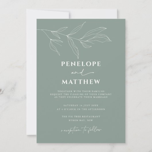 Line Art Foliage Leaf Sage Wedding Invitation Kaart (Voorkant)