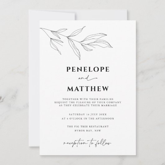 Line Art Foliage Leaf Wedding Invitation Kaart (Voorkant)