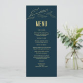 Line Art Gold Leaves Deep Blue Elegant Wedding Menu (Staand voorkant)