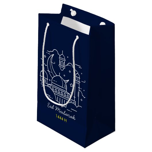 Line Art Happy EID Mubarak Navy petit sac cadeau (Devant Angle)