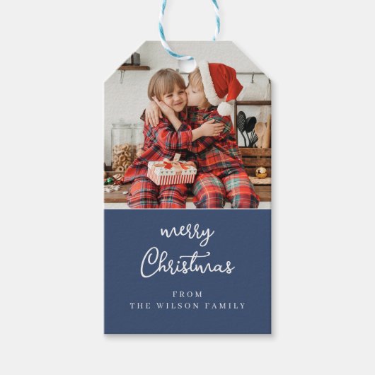 Line art maretak blauw & wit kerstkam cadeaulabel (Voorkant)