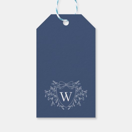 Line art maretak blauw & wit kerstkam cadeaulabel (Achterkant)