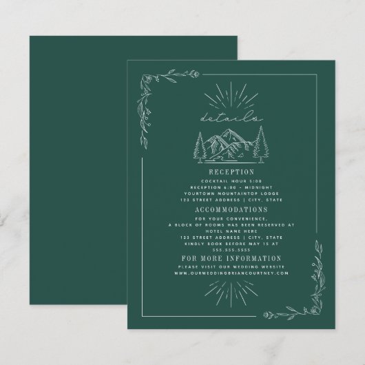 Line Art Mountains Blauwgroen bruiloft - details Informatiekaartje (Voorkant / Achterkant)
