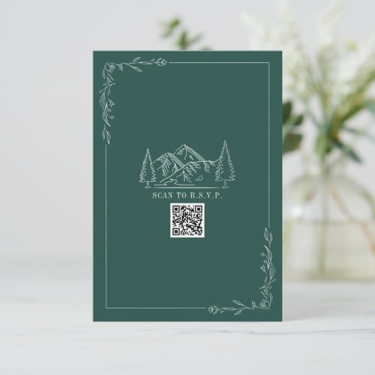 Line Art Mountains Emerald QR Code Wedding RSVP (Debout devant)