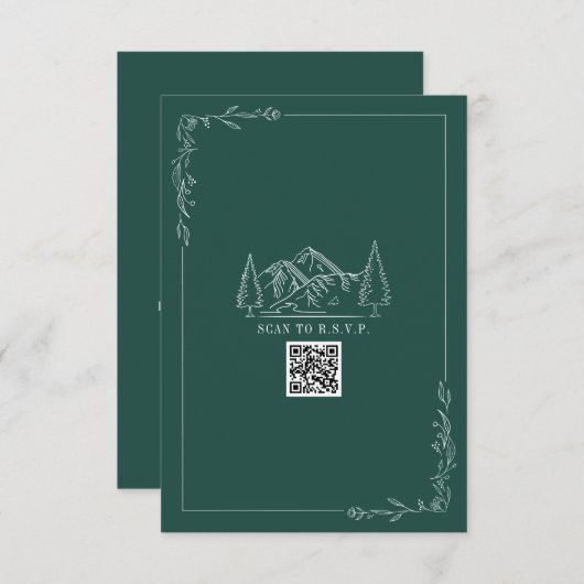 Line Art Mountains Emerald QR Code Wedding RSVP (Devant / Derrière)