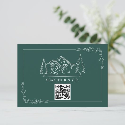 Line Art Mountains Emerald QR Code Wedding RSVP (Debout devant)