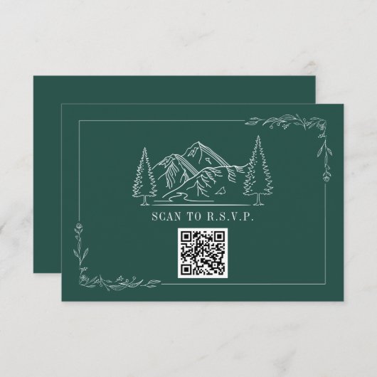 Line Art Mountains Emerald QR Code Wedding RSVP (Devant / Derrière)