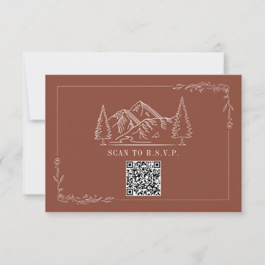 Line Art Mountains Terracotta QR Code Wedding RSVP Kaartje (Voorkant)