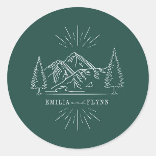 Line Art Mountains Wedding Emerald Wedding Ronde Sticker