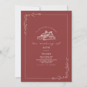 Line Art Rustic Barn Muted Red Wedding QR Kaart