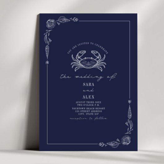 Line Art Rustieke Marine Blauwe Krab Strand Bruilo Kaart