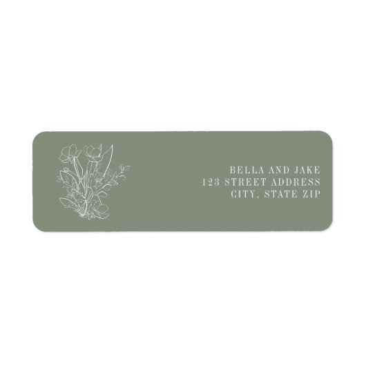 Line Art Sage Green Floral Wedding Label (Voorkant)