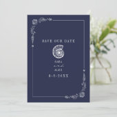 Line Art Seashell Donkerblauw rustiek strand bruil Save The Date (Staand voorkant)