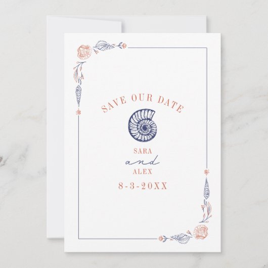 Line Art Seashell Rood & Blauw Rustiek Strand Brui Save The Date (Voorkant)