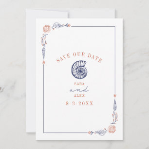 Line Art Seashell Rood & Blauw Rustiek Strand Brui Save The Date