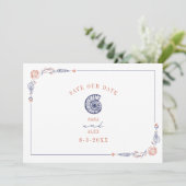 Line Art Seashell Rood & Blauw Rustiek Strand Brui Save The Date (Staand voorkant)