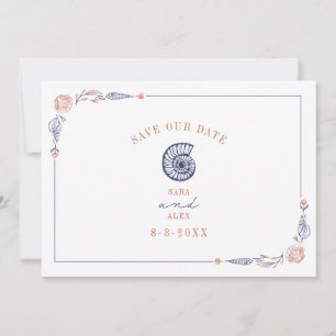 Line Art Seashell Rood & Blauw Rustiek Strand Brui Save The Date