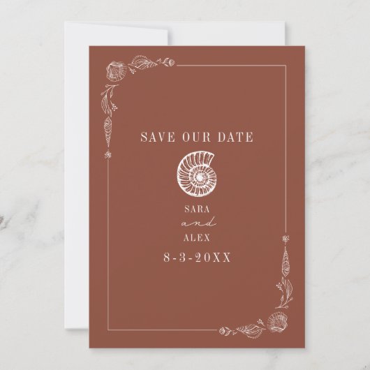 Line Art Seashell Terracotta Rustiek Strand Bruilo Save The Date (Voorkant)