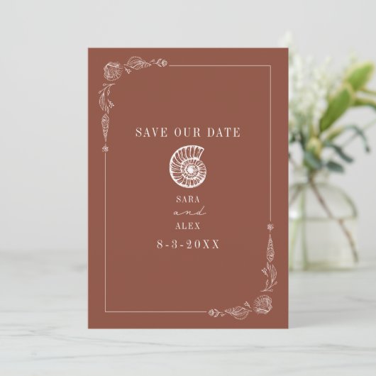 Line Art Seashell Terracotta Rustiek Strand Bruilo Save The Date (Staand voorkant)