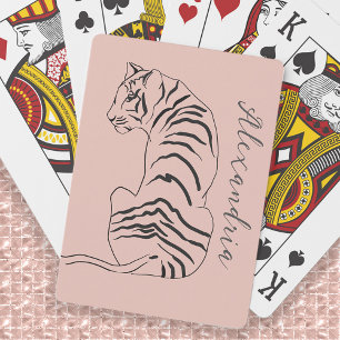 Line Art Tijger Blush Roze Naam Pokerkaarten