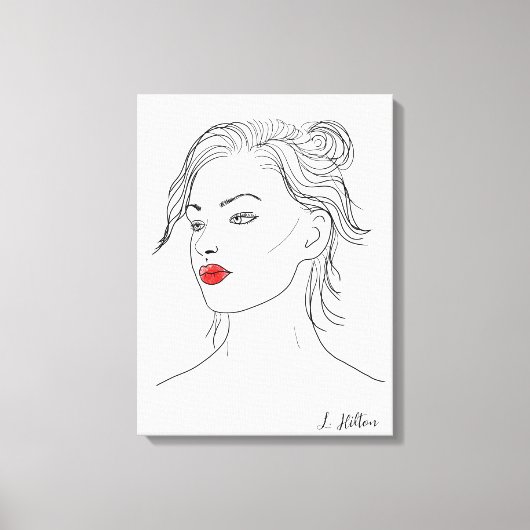 Line Art | Vrouw in Rode Lipstick Canvas Afdruk (Voorkant)