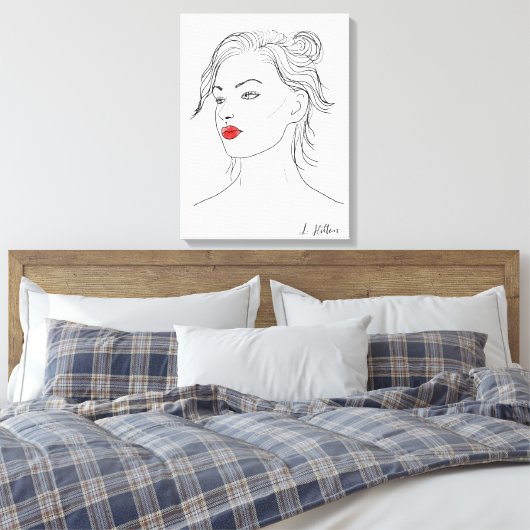 Line Art | Vrouw in Rode Lipstick Canvas Afdruk (Insitu (Slaapkamer))