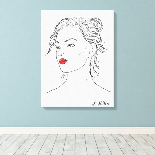 Line Art | Vrouw in Rode Lipstick Canvas Afdruk (Insitu (Houten vloer))