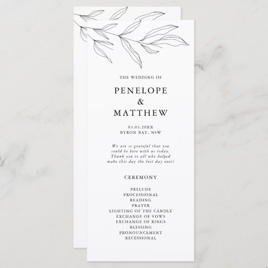 Line Drawing Foliage Leaf Wedding Ceremony Program (Voorkant / Achterkant)
