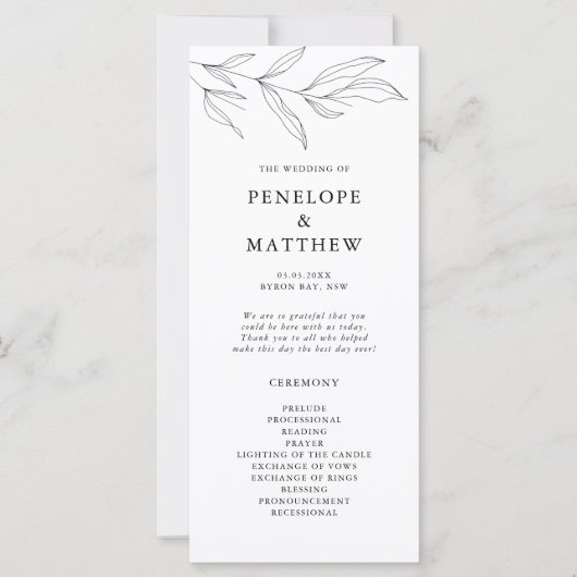 Line Drawing Foliage Leaf Wedding Ceremony Program (Voorkant)