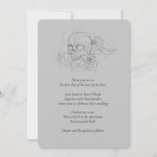 Line Drawn Skull and Rozen Wedding Invitations Kaart