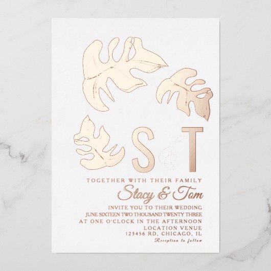 Line Monstera Leaf Wedding geperst Folie Uitnodiging (Voorkant)