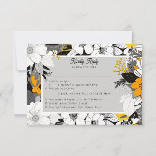 Lineart monochrome bloemen maaltijdkeuzes RSVP kaartje
