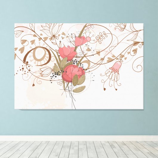 Lineart Roze Bloemen Ingepakt Canvas (Insitu (Houten vloer))