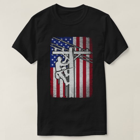 Lineman Amerikaanse Vlag Elektrische Kabellijnwerk T-shirt (Design voorkant)