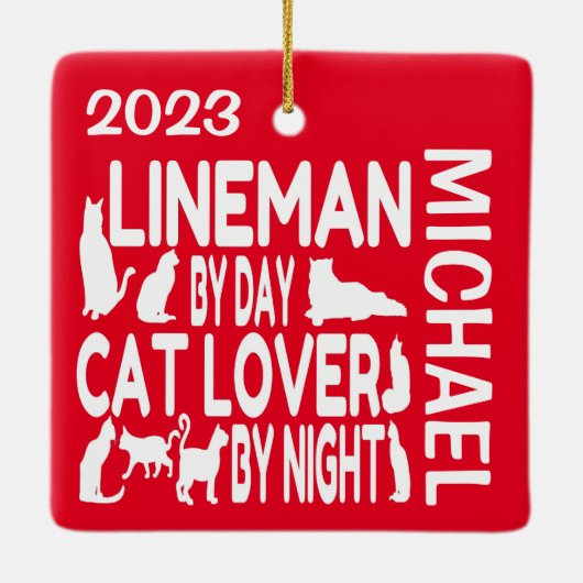 Lineman Loves Cats CUSTOM Keramisch Ornament (Achterkant)