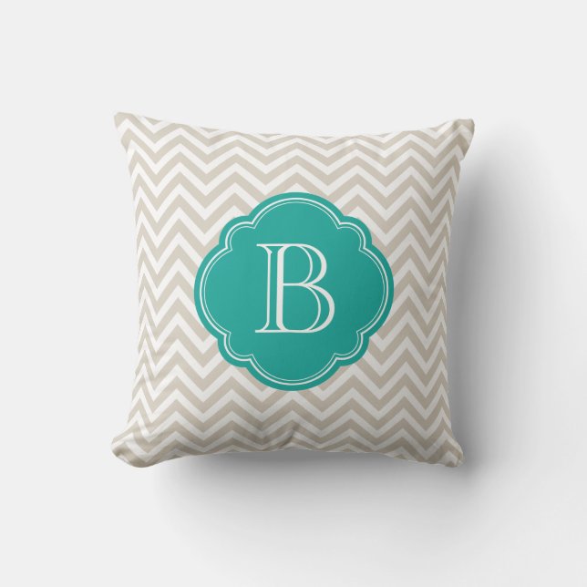 Linen Beige Chevron Custom Monogram Kussen (Voorkant)