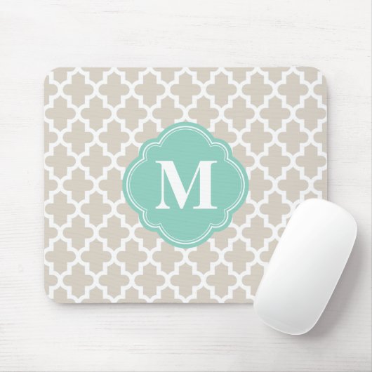 Linen Beige en Aqua Moroccan Custom Monogram Muismat (Met muis)